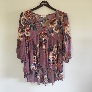 Umgee Sz S Floral Babydoll Puff Sleeve Mauve Lace Hi Low Hemline Boho Blouse Top